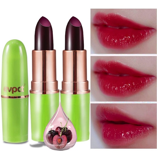 2Pcs Black Red Cherry Lip Color Changing Lipstick Lip Balm Stain Set, Green Magic PH Lipstick Color Change Changing Crystal Flower Jelly Lipstick Tinted Lip Balm Gloss Set for Women Girls Waterproof