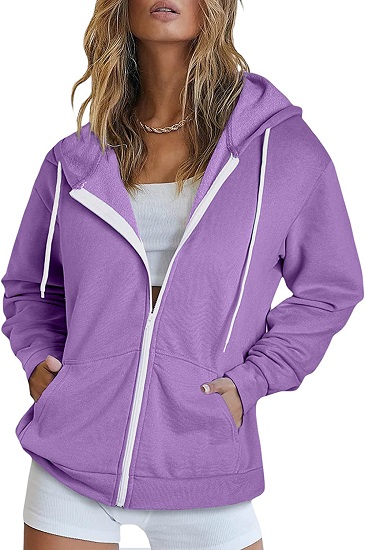 Dokotoo Fall Solid Color Oversized Purple Full Zip Up Hoodies for Women 2022 Long Sleeve Ladies Hooded Sweatshirts Pockets Jacket Coat for Teen Girls Casual Large