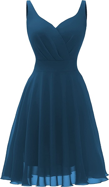 Dressever Summer Cocktail Dress V-Neck Adjustable Spaghetti Strap Chiffon Sundress with Pockets Steel Blue S
