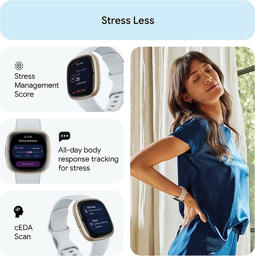 Fitbit Sense 2 Advanced Health and Fitness Smartwatch with Tools to Manage Stress and Sleep, ECG App, SpO2, 24/7 Heart Rate and GPS, Blue Mist/Pale Gold, One Size (S & L Bands Included)