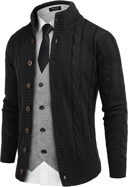 COOFANDY Men's Cardigan Sweater Slim Fit Stand Collar Cardigan Casual Cable Knitted Button Down Sweater with Pockets Black
