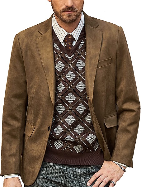 Mens Suede Sport Coat Jacket Single Breasted Lapel Collar Parties Blazer Jacket Coffee M