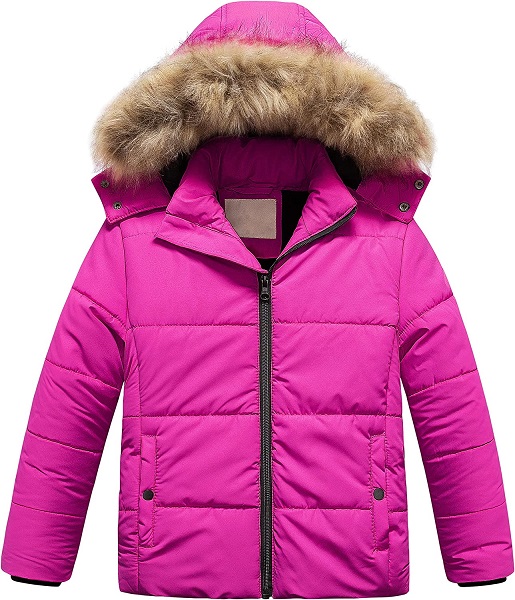 Chrisuno Girls' Warm Winter Coat Cold Clothes Weather Resistant Quilted Bubble Puffy Windbreaker Ski Jacket Rose Red 6-7