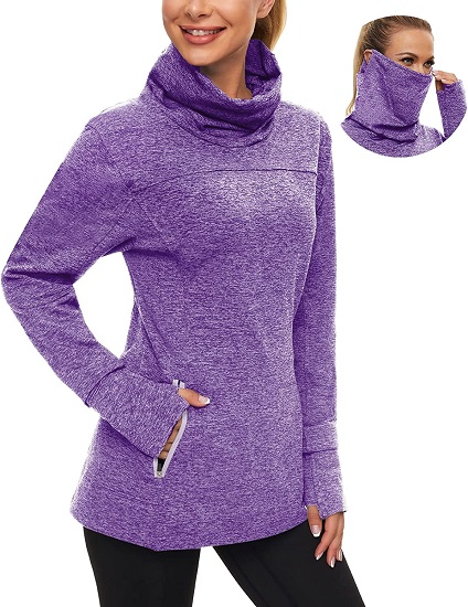 Soneven Women's Long Sleeve Running Shirts Thermal Fleece Running Shirt Sweatshirts Athletic Thumb holes Shirts with Neck Gaiter Purple XX-Large