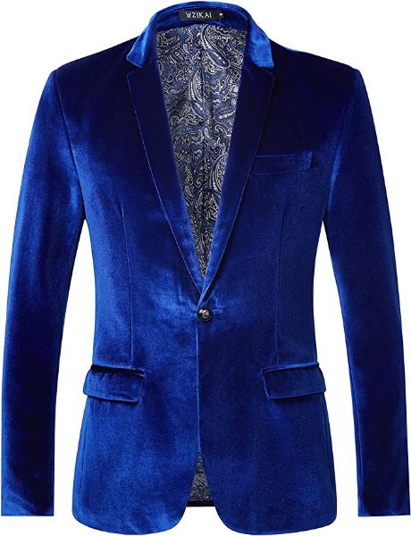 WZIKAI Mens Velvet Blazer One Button Slim Fit Solid Fashion Suit Jacket Sport Coat for Wedding Prom Dinner Party Blue XXXL