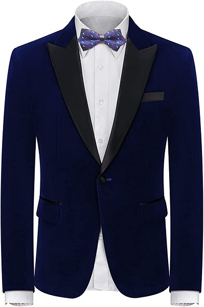 Mens Velvet Blazer Slim Fit Suit Jacket for Men Peaked Lapel One Button Tuxedo Blazer Wedding Prom Dinner Navy Blue