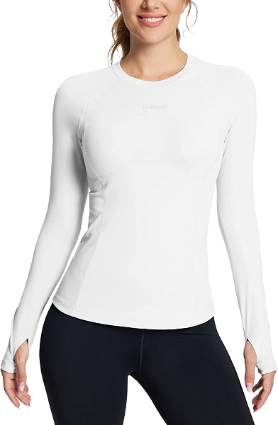 BALEAF Women's Workout Long Sleeve Shirts Fitted Running Athletic Tops Compression Shirt with Thumbholes Quick Dry Stretch White M