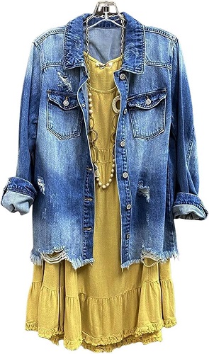 SCOFEEL Women Denim Shirt Jacket Down Distressed Washed Ripped Frayed Jean Jacket with Pocket