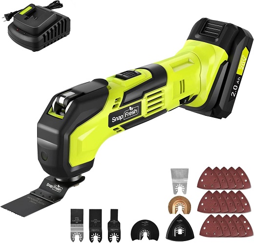 SnapFresh Cordless Oscillating Tool, 20V Oscillating Multi-Tool with 6 Speed, 3.2°Oscillating Angle, 22pcs Accessories, 2.0Ah Battery and Fast Charger, Tool Kit for Scraping, Sanding, Cutting Wood