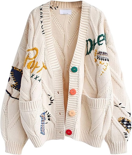 Women's Cable Knit Long Sleeve Open Front Cardigan Sheep V-Neck Button Down Embroidery Wool Blend Sweater Coat Outwear (2XL,Beige)