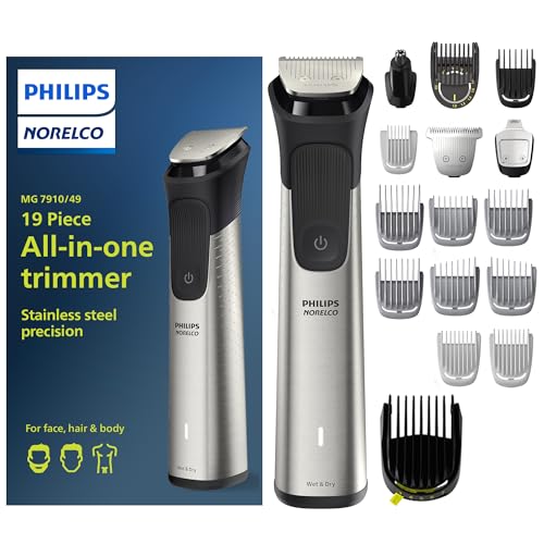 Philips Norelco Multigroom Series 7000 Men's Grooming Kit with various attachments on display.