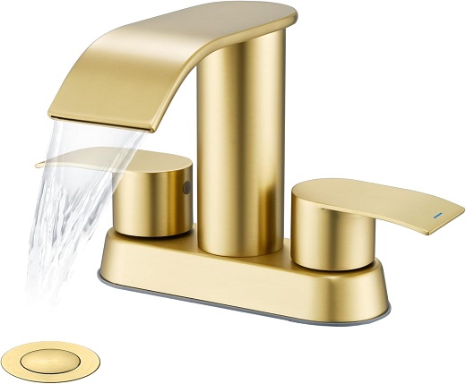 Ultimate Unicorn Waterfall Bathroom Sink Faucet Brushed Gold, Two Handles Bathroom Faucet with Metal Pop up Sink Drain Stopper, 2 or 3 Holes Bathroom Basin Lavatory Mixer Tap with Deck Mount Plate