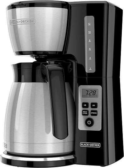 BLACK+DECKER 12-cup thermal coffee maker with a carafe pouring a cup of coffee.