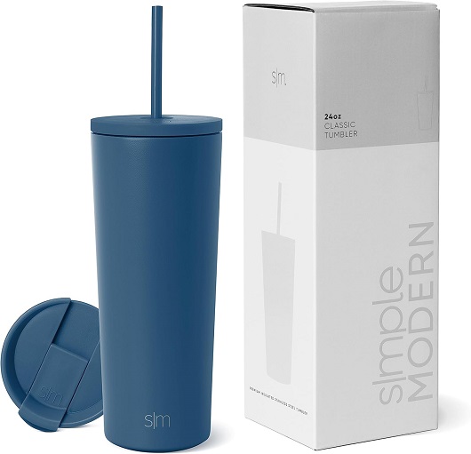 Simple Modern 24oz Insulated Tumbler in Slumberland color with a leak-proof lid and reusable straw.