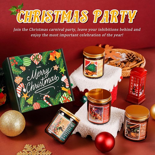 Close-up of four lit Christmas candles in festive jars with colorful wax and labels.