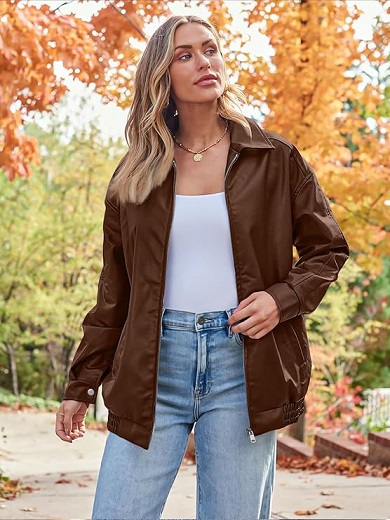 AUTOMET Women's Oversized Faux Leather Jacket in Caramel, featuring a relaxed fit and classic moto design.