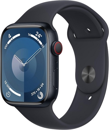 Apple Watch Series 9 Midnight Aluminum Case with Midnight Sport Band.
