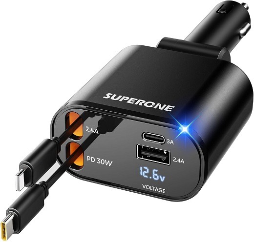 SUPERONE 4-in-1 retractable car charger, USB-C and Apple adapters