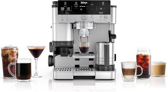 Ninja® Luxe Café Premier espresso machine with a sleek stainless steel design.