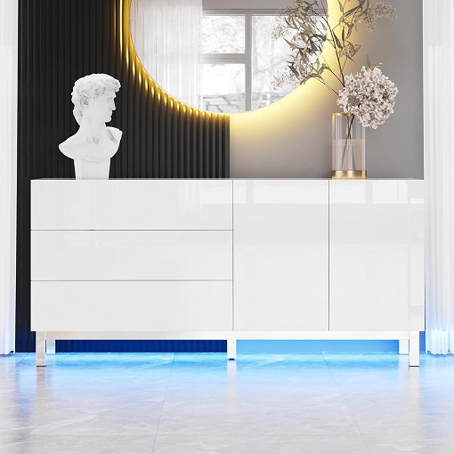 AMERLIFE High Gloss Electroplated Sideboard Buffet Storage Cabinet with LED Lights, 63" Modern Minimalist Console Table with Magnetic Doors & Drawers for Living Room, Dining Room, Entryway, White