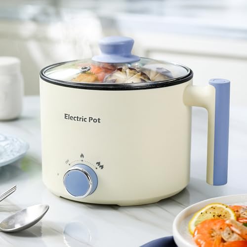 YOOLYQI Electric Hot Pot:1.5 L Ramen Cooker, Dual Power Mini Portable Multi-Functional Lazy Pot for Pasta, Noodles, Egg, Soup, Non-Stick Noodle Cooker with Boil Dry Protection for Dorm, Office (Beige)