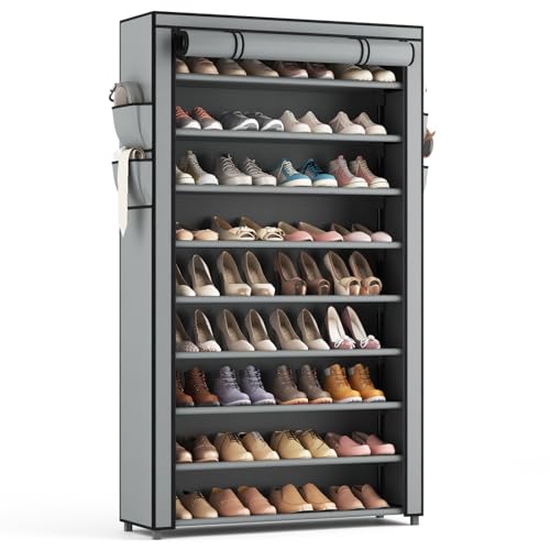 LANTEFUL Shoe Rack with Covers 10 Tier Tall Shoe Rack Organizer Large Capacity Shoe Shelf Storage 40 Pairs Space Saving Free Standing Shoe Storage Organizer for Closet, Entryway, Dorm, Grey