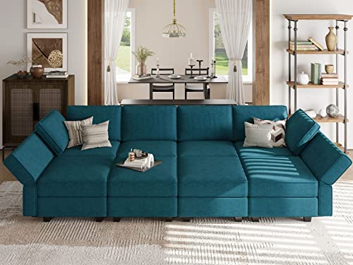 Belffin Peacock Blue Velvet Modular Sectional Sofa Bed, 8 Seater, 3 Sleeper, Storage, Recliner, Modern, Engineered Wood, Living Room, Apartment, Studio, 26.4x58.3x33.5 inches, 99 lbs