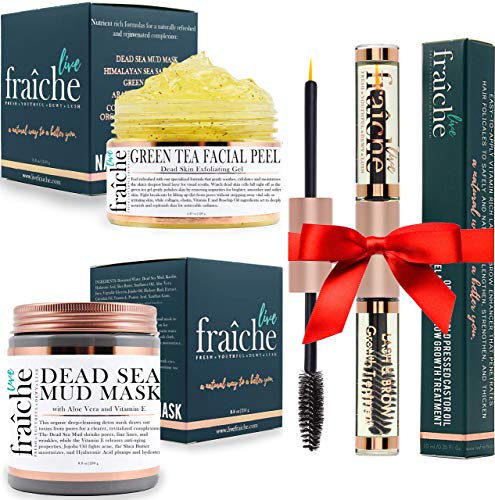Live Fraiche Gift Bundle - USDA Organic Castor oil for Eyelashes and Eyebrows - Hydrating Dead Sea Mud Face Mask - 24k Gold Exfoliater Facial Peel and Brightener