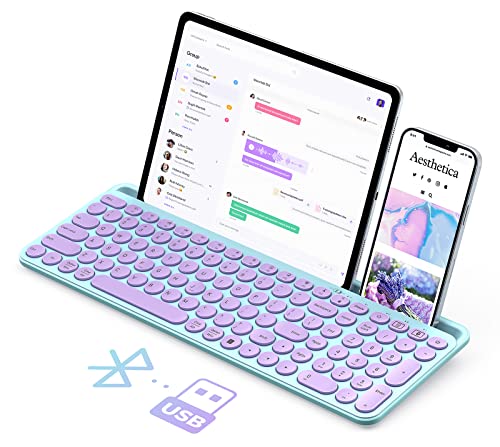 Cute Wireless Bluetooth Keyboard, seenda Dual Mode (Bluetooth + 2.4G) Round Key Typewriter Keyboard with Number Pad Integrated Stand for Mac OS/Windows Computer, iOS/Android Tablet Phone, Green Purple
