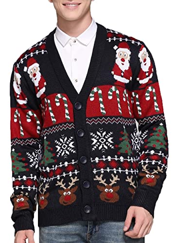 Men's Christmas Rudolph Reindeer Holiday Festive Knitted Sweater Cardigan Cute Ugly Pullover Jumper (X Large, Reindeer-Santa&Cane Cardigan)