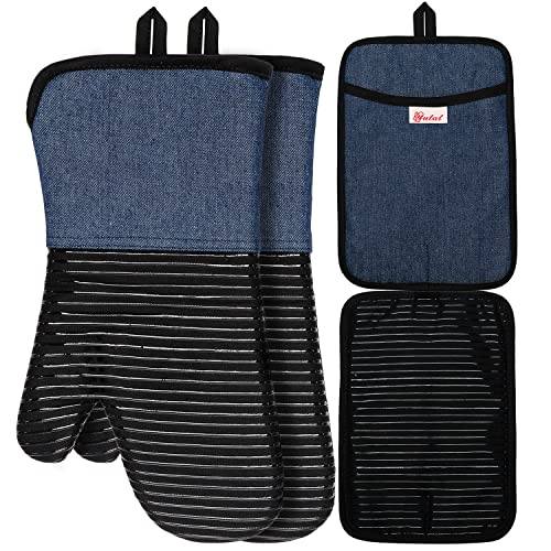 Yutat Oven Mitts, Pot Holders Set of 4 Made with Pure Cotton and Food Grade Non-Slip Silicone - 500 F Heat Resistant Oven Mitts and Pot Holders Sets for Kitchen Cooking (4pcs Set, Grey and Denim)