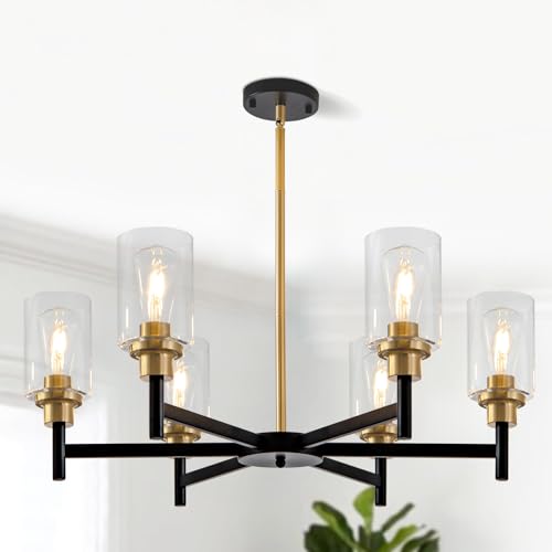 HCCZ 6 Light Dining Room Light Fixture Black & Brushed Brass Gold Farmhouse Chandelier Over Table Modern Hanging Pendant Lighting for Living Room Foyer Kitchen Adjustable Height E26 Socket