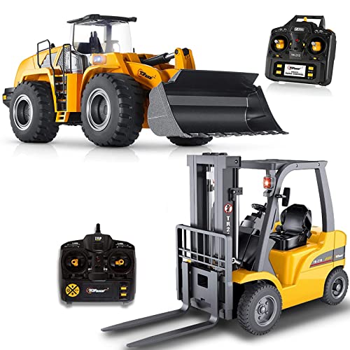 Top Race Jumbo Remote Control Forklift 13 Inch Tall, and Top Race 10 Channel Full Functional Remote Control Front Loader Construction Tractor, Full Metal Bulldozer Toy