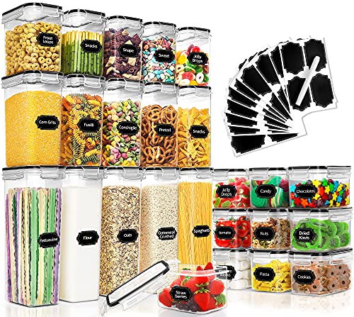 25 Pack Airtight Food Storage Containers Set, PRAKI BPA Free Plastic Dry Food Canisters for Kitchen Pantry Organization and Storage, Kitchen Storage Containers for Cereal, Flour - Labels, Mark(Black)