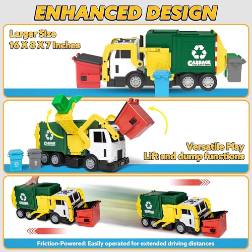 Large red friction powered garbage truck toy with opening dumpster and trash bins.