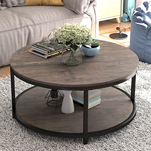 NSdirect 36 inch Round Coffee Table,Coffee Table for Living Room,2-Tier Rustic Wood Desktop & Sturdy Metal Legs Table Modern Design Home Furniture with Storage Shelf (Light Walnut)