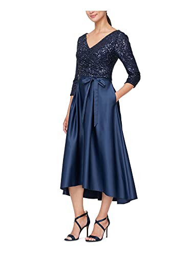 Alex Evenings Women's Satin Ballgown Dress with Pockets (Petite and Regular Sizes), Navy Hi Low, 4