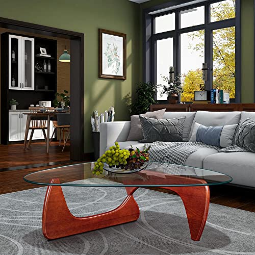 Noguchi Table Triangle Glass Coffee Table with Solid Wood Base, Modern Tempered Glass Accent Table, Sofa Side Table for Living Room Patio Study Office Hotel (0.472inch, Cherry)
