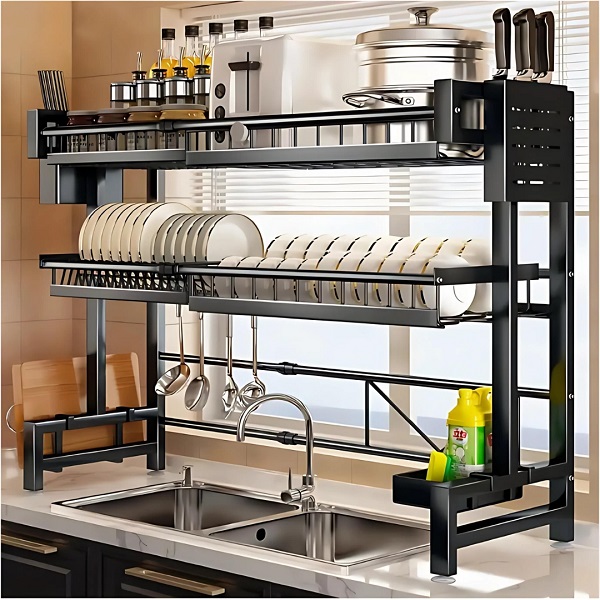 3-Layer Stainless Steel Dish Drying Rack above a sink, fully expanded with dishes and utensils.