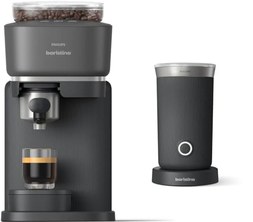 Philips Baristina Espresso Machine+Milk Frother Bundle. Real espresso. Compact coffee machine, portafilter, grinder, Cafe Crema. Dairy & Non-Dairy Milk foam. Hot & Cold. Easy Clean. Black (BAR303/60)