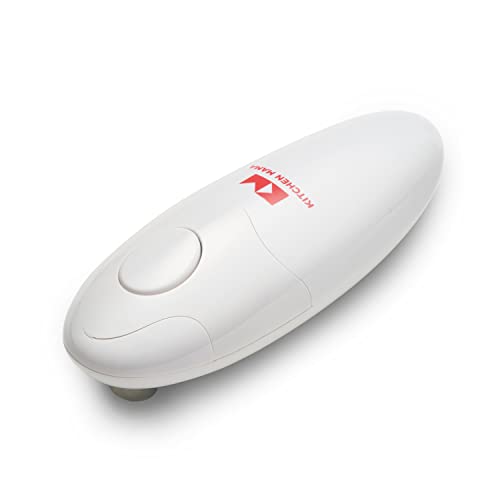 Kitchen Mama Auto Can Opener effortlessly opening a can, close-up.