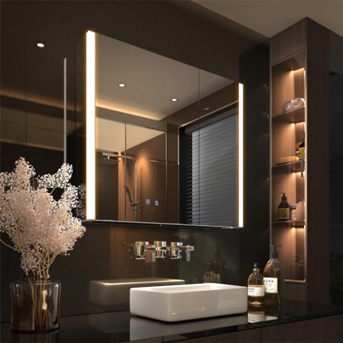 KWW LED Bathroom Mirror Cabinet with Socket & USBs, Defogger, Dimmable, 3 Color Light Makeup Mirror, Easy to Install, Wall Mounted Medicine Cabinet (32 x 28 Inch)