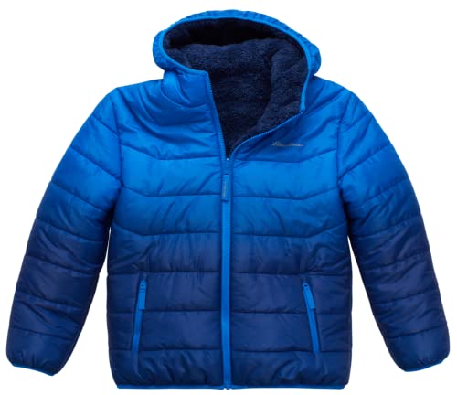 Eddie Bauer Boys' Reversible Jacket - Deer Harbor Waterproof Lightweight Puffer Coat with Faux Shearling Lining (5-16), Size 7-8, Dark Waters