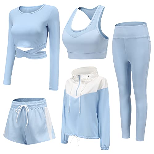 OVESPORT 5PCS Workout Sets For Women Sports Gym Yoga Outfits Activewear Tracksuit