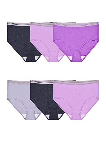 Fruit of the Loom Women's Eversoft Underwear, Tag Free & Breathable, Available in Plus Size, Brief-Cotton Blend-6 Pack-Grey/Purple, 6