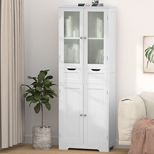 Betterhood Tall Storage Cabinet, Freestanding Kitchen Pantry Cabinet with Glass Doors and Shelves, Large Modern Bathroom Cupboard with 2 Drawers for Home Office, White