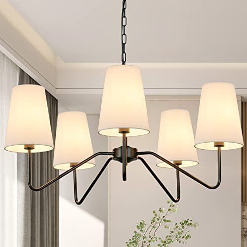 5-Light Modern Chandelier with White Shades, Classic Pendant Ceiling Light Fixture for Dining Room, 30” Black Chandelier with E12 Base Hanging Lamp for Living Room Hallway Bedroom, Height Adjustable