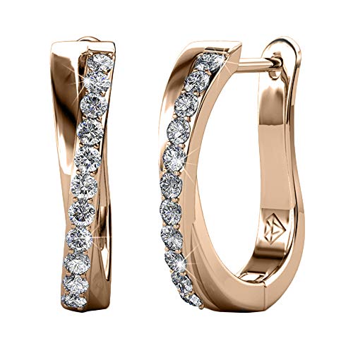 Cate & Chloe Amaya Adventurous 18k White Gold Plated Hoop Earrings with Crystals, Sparkling Silver Twisted Hoops Earring Set w/Solitaire Round Cut Diamond Crystals (Rose Gold)