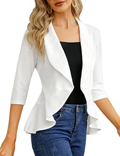 KOJOOIN Womens Casual Blazer 3/4 Sleeve Open Front Ruffle Work Office Cardigan Suit Jacket White L