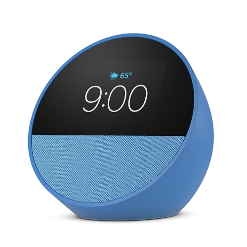Front view of Echo Spot smart alarm clock in Ocean Blue
